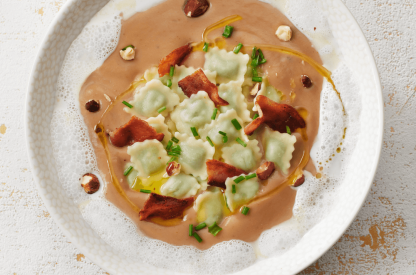 dauphine-ravioles-chesnut-veloute-and-bacon-cream